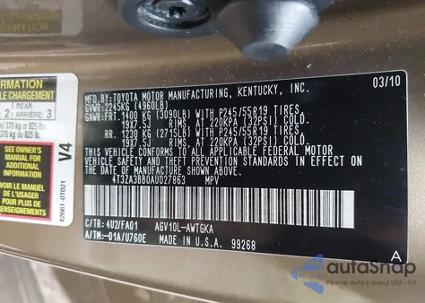 2010 Toyota Venza z USA, uszkodzony, nr VIN 4T3ZA3BB0AU027863